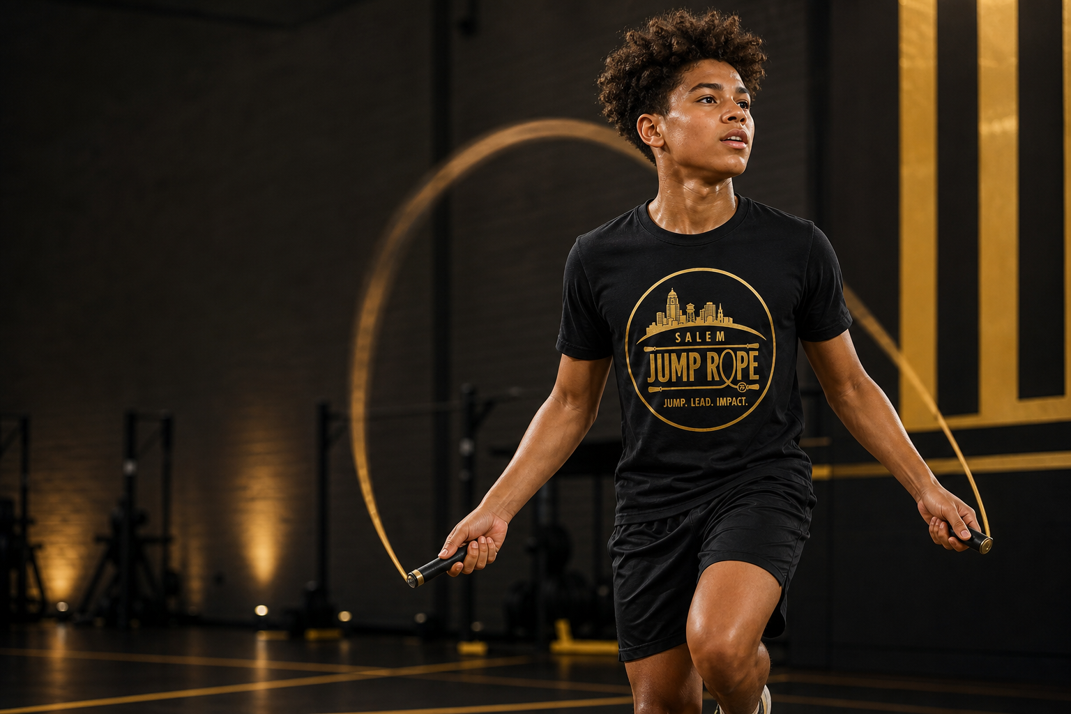 Athlete wearing Salem Jump Rope shirt while jumping rope